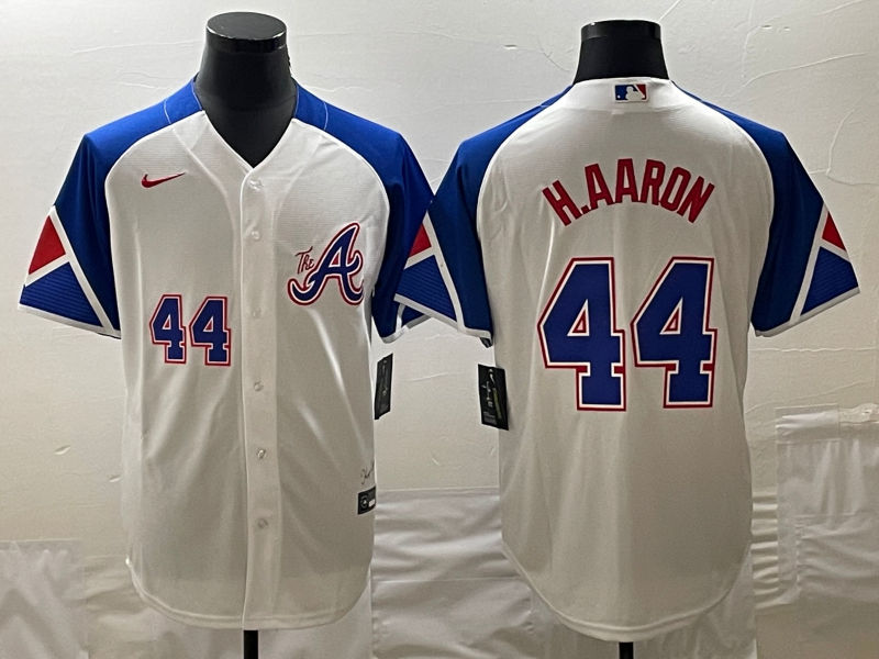 Men's Atlanta Braves #44 Hank Aaron White 2023 City Connect Cool Base With Patch Stitched Baseball Jersey
